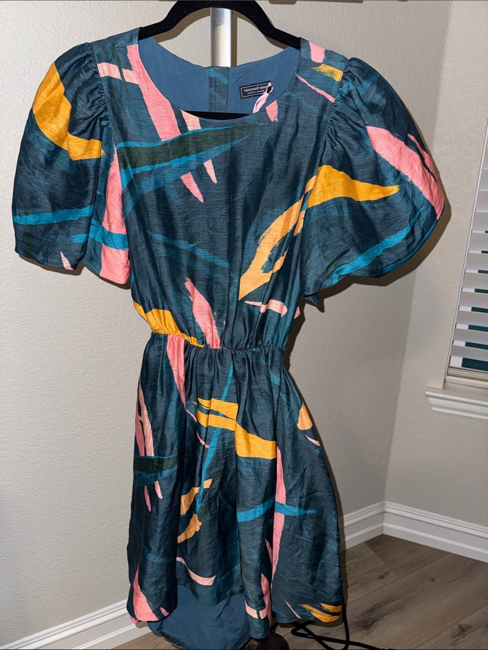 Vineyard Vines Teal Mini Dress with Pink and Yellow Abstract Strokes